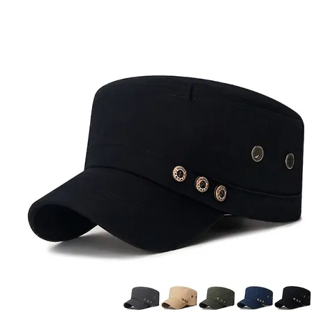 Men Cotton Military Cadet Cap Flat Top Hat Adjustable Breathable Sun Protection Outdoor Casual Metal Buttons Decor