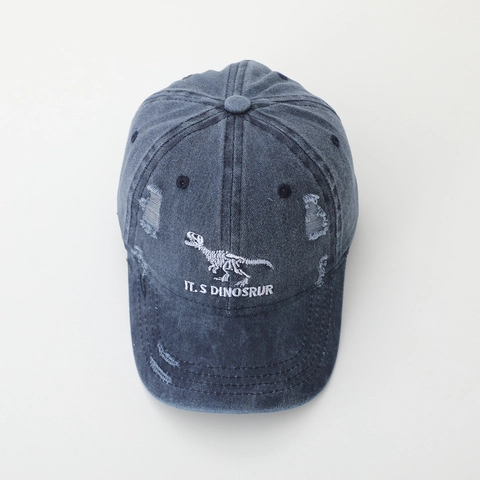 Kids Baseball Cap Washed Cotton Dinosaur Skeleton Embroidery Distressed Vintage Sun Hat For Boys Adjustable