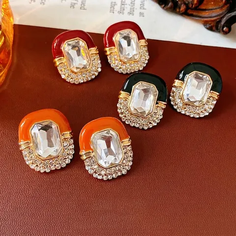 Pendientes De Esmalte Vintage Con Silver Earring Post Aleación Circón Cristal Rectangular Estilo Retro Francés Lujo Para Mujer