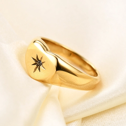 Heart Signet Ring 304 Stainless Steel 18K Gold Plated North Star Engraved Zircon Fashion Jewelry For Women
