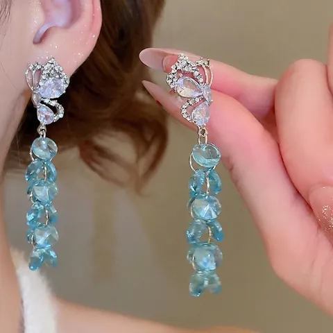 Boucles Oreilles Pendantes Papillon Alliage Perles Cristal Bleu Clair Long Frange Strass Argent Fin 925