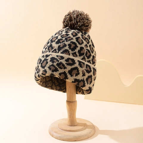 Leopard Print Strickmütze Beanie Mit Bommel Warme Winter Acryl Totenkopf Kappe Vintage Trendy Outdoor Zubehör