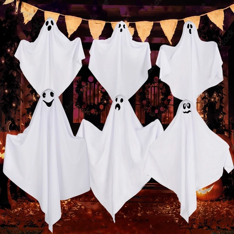 Hängende Geist Dekoration Kunststoff Stoff Weiß Gruselig Verschiedene Ausdrücke Für Halloween Party Veranda Außenbereich Dekor