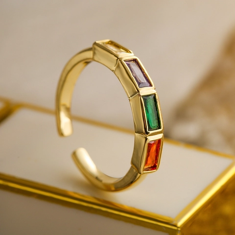 Toi Et Moi Ring Gold Vergoldetes Kupfer Herz Rechteck Zirkon Bunt Offen Verstellbar Mode Minimalistisch Für Damen