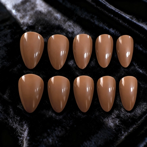 Glossy Light Brown Press On Nails Long Almond Shaped Solid Color False Nails Elegant Artificial Nails For Women Daily Manicure