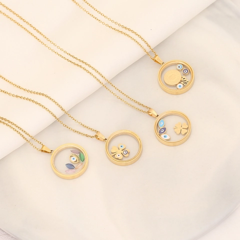 Collana Con Ciondoli Fluttuanti Malocchio Quadrifoglio Acciaio Inossidabile Vetro Medaglione Rotondo Gioielli Per Donna Regalo