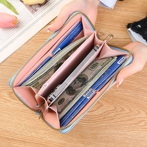 Portefeuille Long Femme Fermeture Éclair Pochette Cuir PU Motif Floral Gaufré Grande Capacité Porte Téléphone Avec Dragonne