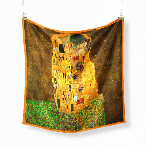 Vintage Gustav Klimt Der Kuss Ölgemälde Druck Satin Quadratischer Schal Für Damen Twill Dekoratives Seidiges Halstuch