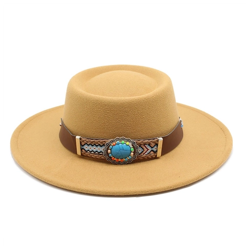Cappello Fedora A Tesa Larga Boemo Vintage Fascia Intrecciata Etnica Turchese Feltro Di Lana Cowboy Per Donne