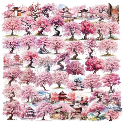 Adesivi Acquerello Albero Di Sakura Architettura Giapponese Impermeabile PET Trasparente Decalcomanie Decorative Per Journal DIY Scrapbooking