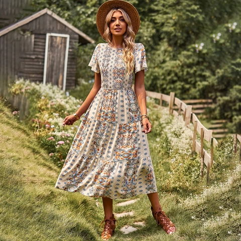 Dames Boho Maxi Jurk Bloemen Paisley Print Gesmokt Lijfje Korte Mouw Zomer Strand Gelaagde Lange Jurk