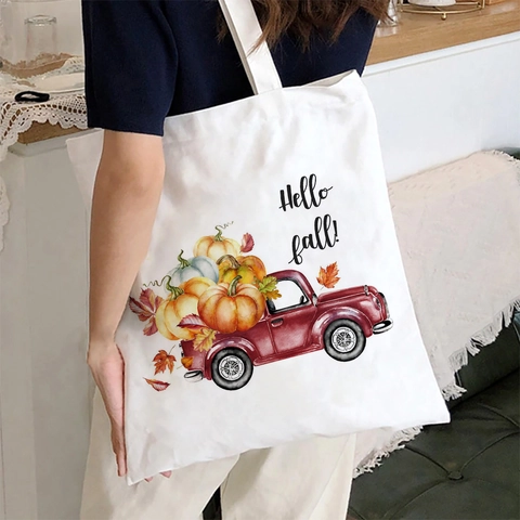 Women Canvas Tote Bag Large Capacity Autumn Pumpkin Print Thanksgiving Shopping Shoulder Bag Reusable Aesthetic