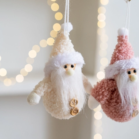 Christmas Santa Gnome Plush Hanging Ornament Soft Sherpa Cloth With Wood Buttons Holiday Tree Decoration Handmade Style