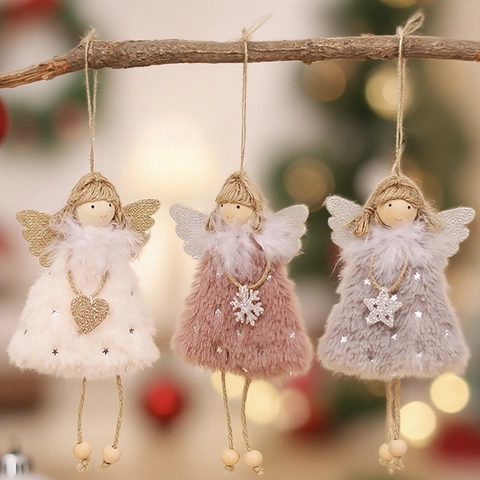 Christmas Angel Doll Hanging Ornament Plush Wood Beads Hemp Rope Sequin Feather Xmas Tree Decor Handmade Cute Festive