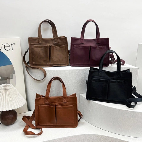 Women Retro PU Leder Tote Bag Große Kapazität Fronttasche Handtasche Umhängetasche Mit Abnehmbarem Schultergurt Vintage