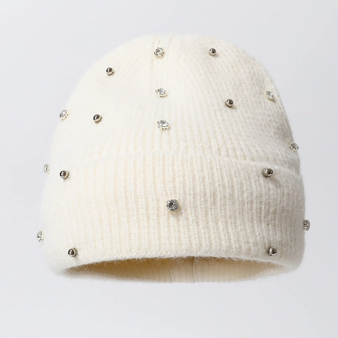 Knitted Beanie Hat Shimmering Rhinestone Metal Bead Decor Warm Thickened Solid Color Outdoor Winter Fashion For Women