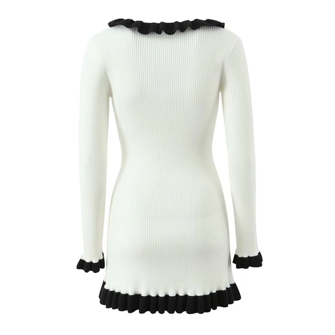 Elegant Long Sleeve Knit Mini Dress Contrast Color Ribbed Fabric With Ruffle Trim And Gold Buttons For Women