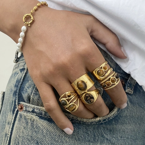 Vintage Tiger Eye Stone Stainless Steel Adjustable Ring Bohemian Gold Plated Natural Stone Waterproof Hypoallergenic Jewelry