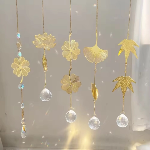Kristallen Suncatcher Prisma Metalen Blad Hangend Ornament Regenboogmaker Voor Raam Huis Tuin Decor Goudkleur