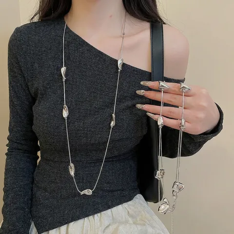 Irregular Liquid Metal Bead Lange Ketting Koper Gepolijst Geometrische Trui Ketting Y2K Minimalistische Sieraden Voor Vrouwen