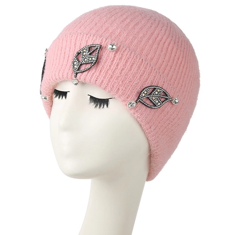 Women Knit Beanie Hat Acrylic Ribbed Rhinestone Leaf Decoration Winter Warm Elegant Solid Color Skull Cap