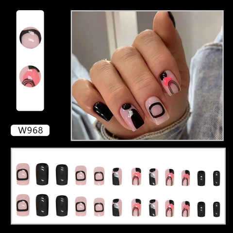 Faux Ongles Carrés Design Ligne Ondulée Noir Rose Ongles Press On Brillants Pour Femmes