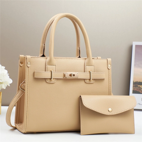 Women Handbag And Matching Pouch PU Leather Lychee Pattern Large Capacity Golden Hardware Shoulder Strap Elegant Office