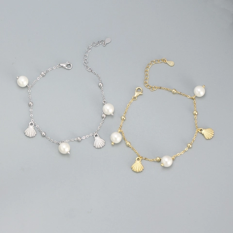 S925 Sterling Silber Armband Mit Künstliche Perlen Und Muschel Anhängern Zarter Sommer Süßer Modeschmuck Für Damen