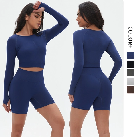 Completi Yoga Donna Top Corto A Maniche Lunghe E Pantaloncini A Vita Alta Senza Cuciture Workout Fitness Gym Wear Nylon Spandex Traspirante
