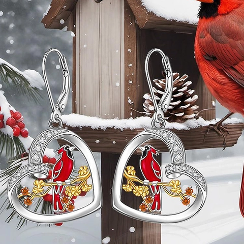 Heart Drop Earrings Copper Red Enamel Cardinal Bird Golden Branch White Zircon Vintage Nature Style Women Gift