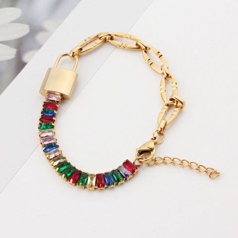 Roestvrij Stalen Armband Met Slothanger en Rechthoekige Zirconia Geometrische Ketting Verguld Mode Sieraden Voor Dames