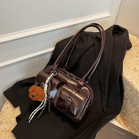 Borsa Sottobraccio Da Donna Pelle PU Lucida Doppie Tasche Frontali Retro Borsa Bowling Grande Capacità Borsa A Tracolla