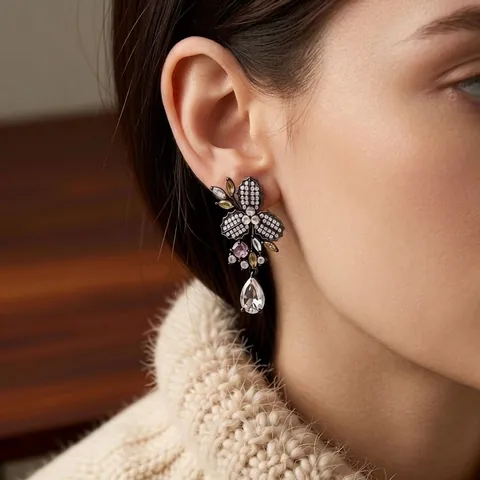 Vintage Florale Wassertropfen Hängeohrringe Für Damen Luxus Bunter Zirkon Kupfer Mit Silver Earring Post Retro