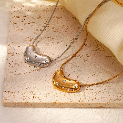 Bean Shaped Pendant Necklace Stainless Steel Rhinestone 18K Gold Plated Snake Bone Chain Elegant Jewelry For Women