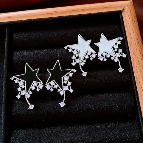 Pendientes Colgantes De Estrella Con Pasador De Plata De Ley 925 Circonita Incrustación De Concha Diseño Único Joyería Mujer