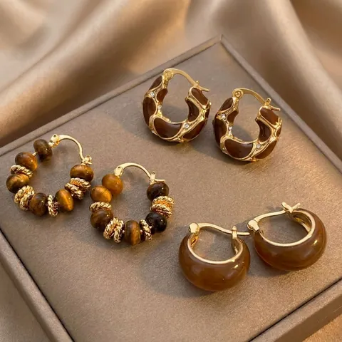 Retro Tijgeroog Oorbellen Verguld Bruine Edelsteen Druppel Oorknopjes Sieraden Voor Dames Luxe Herfst Winter Stijl Accessoire