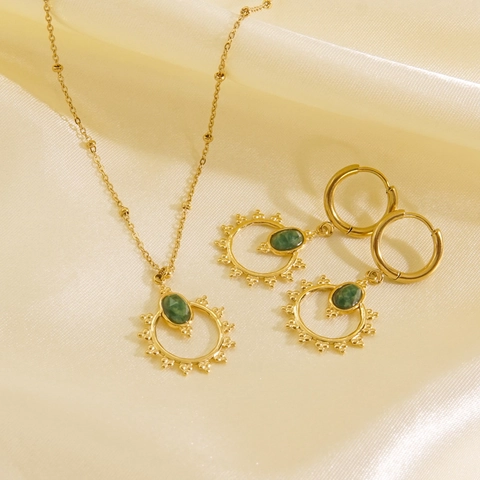 Parure de Bijoux Vintage Français Acier Inoxydable Pierre Naturelle Collier Boucles d'Oreilles Plqué Or Totem Solaire Femme