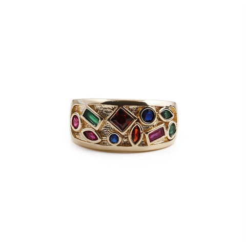 Anello Aperto In Rame Largo Zirconia Colorata Hip Hop Geometrico Micro Pavé Pietra Multicolore Gioielli Regolabili Donna