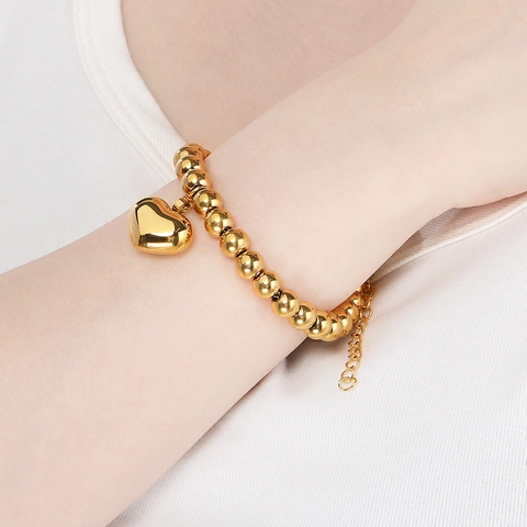 Bracelet Chaîne À Billes Avec Pendentif Cœur En Acier Inoxydable Plqué Or 18K Bijoux Minimalistes Pour Femmes