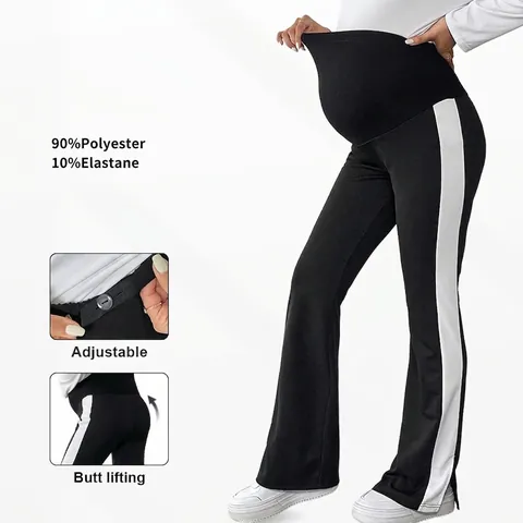 Pantaloni A Zampa Maternità Poliestere Elastan Vita Alta Supporto Pancia Striscia Laterale Orlo Con Spacco Yoga
