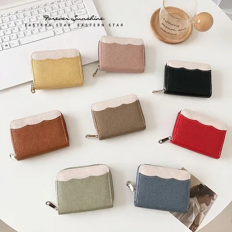 Portafoglio Piccolo Donna Pelle PU Grana Ciottoli Patchwork Bordo Ondulato Cerniera Portamonete Porta Carte Blocco RFID