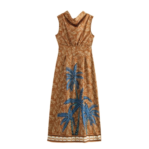 Maxi-Kleid Mit Wasserfallausschnitt Ärmellos Polyester Palmenmuster Rückenfrei Zum Binden Urlaub Strandkleid Für Damen
