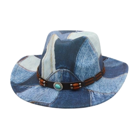 Cappello Da Cowboy Occidentale Denim Patchwork Retrò Tesa Larga Fedora Con Perline In Legno Turchese Fascia In Pelle
