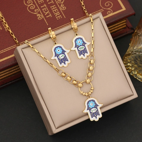 Hamsa Hand Evil Eye Halskette Armband Ohrringe Edelstahl Emaille Zirkon Vergoldeter Schmuck Für Frauen
