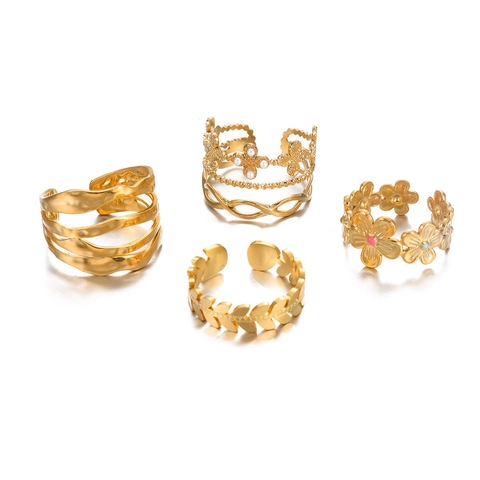 Bague Ouverte En Acier Inoxydable Pour Femmes Plaquée Or Motifs De Fleurs Et De Trèfle Avec Perle Artificielle Bague Réglable