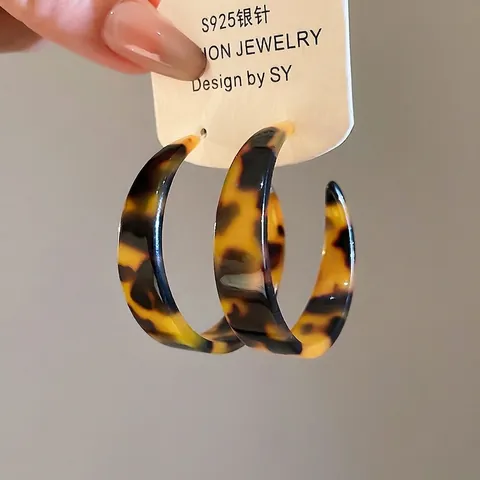 Vintage Tortoiseshell Leopard Print C-Shaped Hoop Earrings With 925 Sterling Silver Earring Post For Women Retro Jewelry
