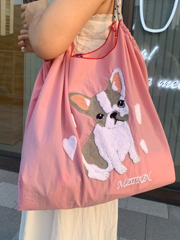 Frauen Nylon Tote Bag Bestickte Tier Blumen Muster Große Kapazität Geflochtene Seilgriff Kordelzug Schulter Handtasche