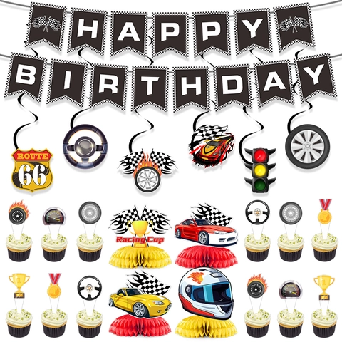 Racing Car Birthday Party Decorations Checkered Flag Banner Spiral Swirls Cupcake Toppers Honeycomb Paper Sport Boy