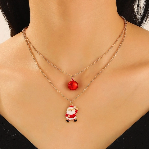Christmas Double Layer Pendant Necklace For Women Alloy Enamel Santa Reindeer Tree Wreath Glove Bells Festive Jewelry Gift