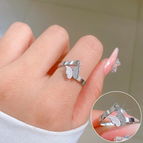 Anello Farfalla Minimalista Acciaio Al Titanio Smerigliato Zircone Aperto Regolabile Gioielli Di Moda Per Uomo Donna